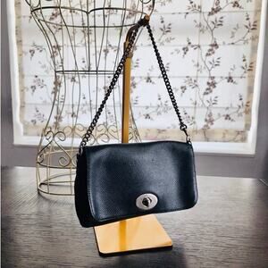 Coach F34604 Black Pebbled Leather Turnlock Chain Crossbody Shoulder Bag